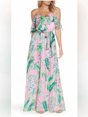 Lilly Pulitzer Pink Tropical Leaf Cold-Shoulder Maxi Dress